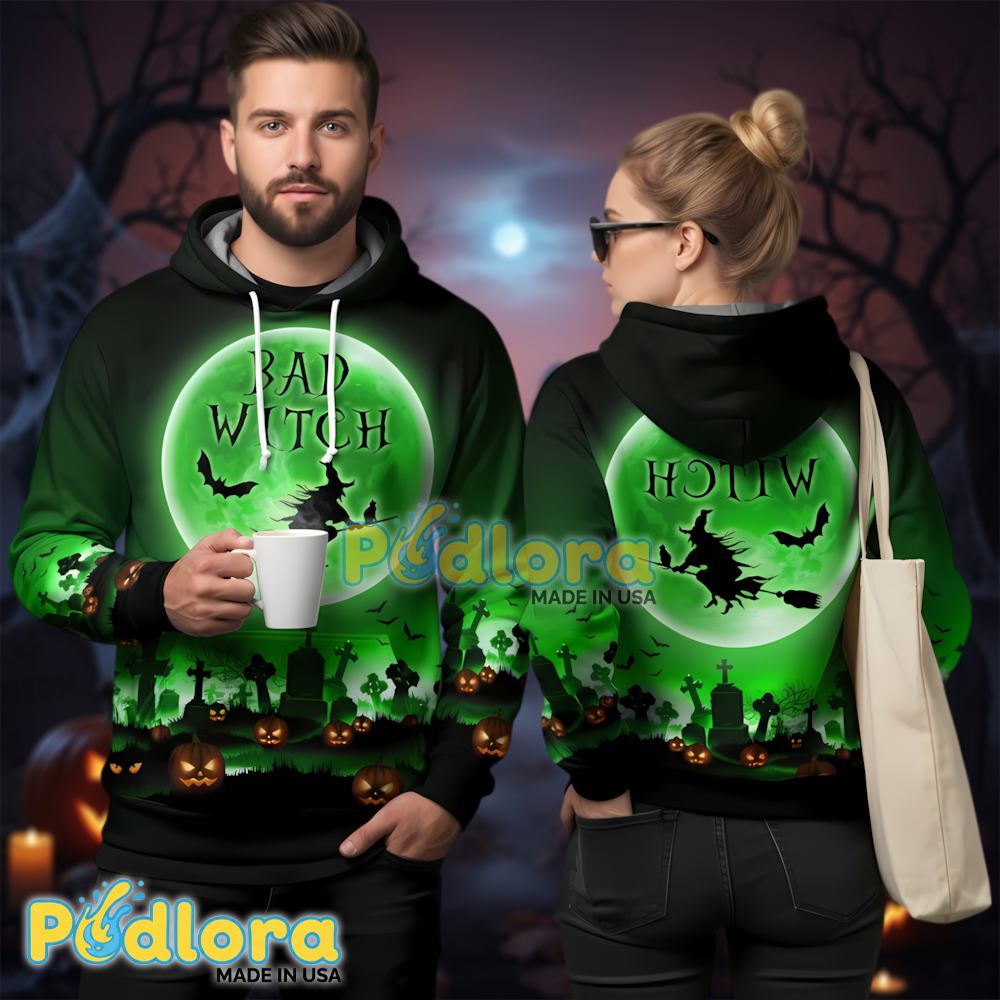 Bad Witch Halloween 3D Hoodie Green Moon Graveyard All Over Print