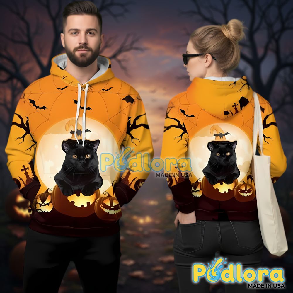 Black Cat Sitting On Pumpkin Halloween 3D Hoodie