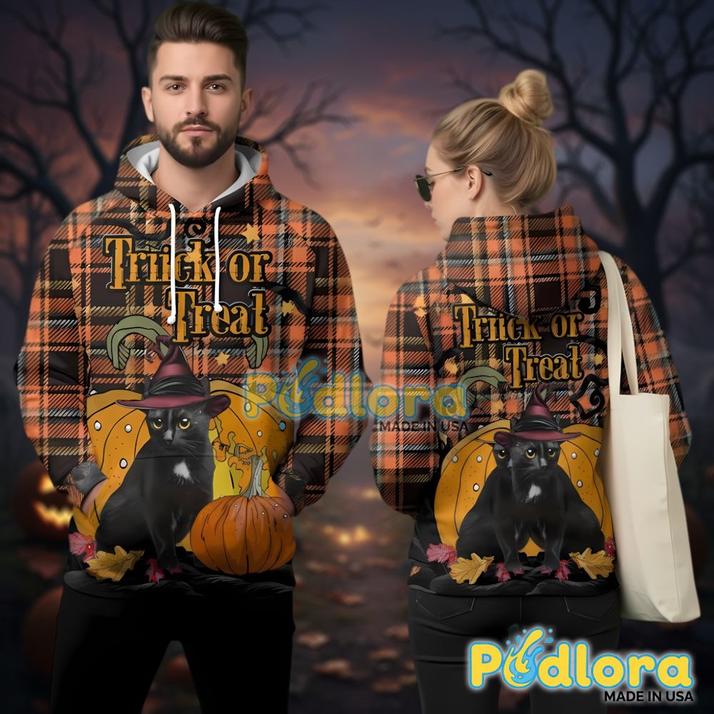 Black Cat Treat Or Treat 3D Hoodie Halloween Witch Cat