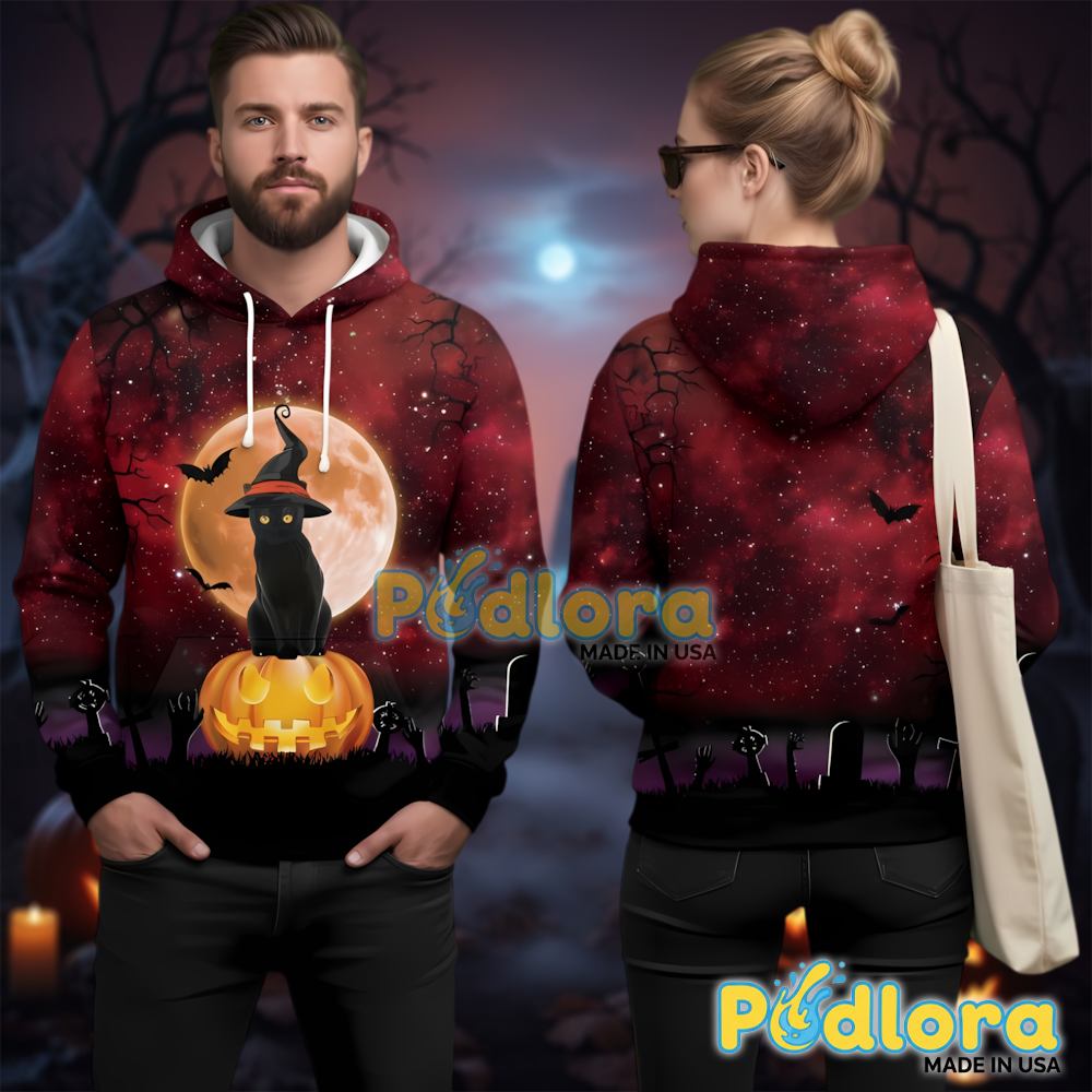 Black Cat Witch Hat 3D Hoodie Spooky Halloween Full Moon Pumpkin