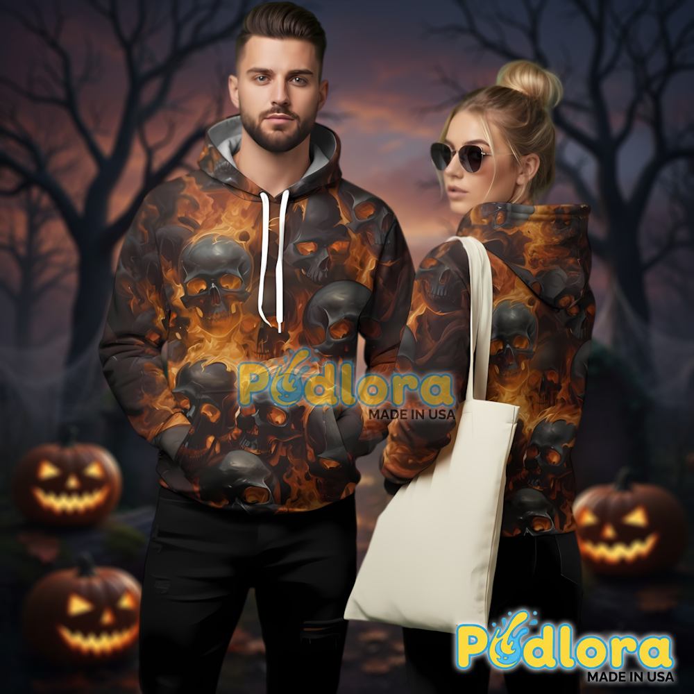 Flaming Skulls 3D Hoodie Halloween Fire All Over Print