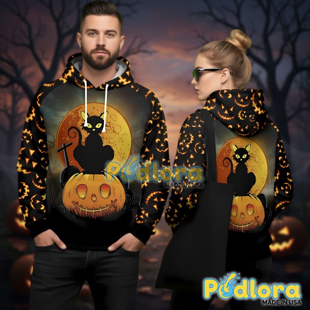 Gothic Black Cat On Jack O Lantern 3D Hoodie Orange Full Moon Halloween