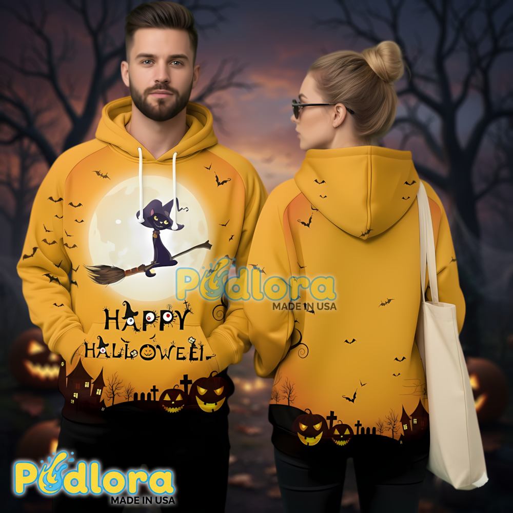 Spooky Black Cat Flying 3D Hoodie Halloween Pumpkin