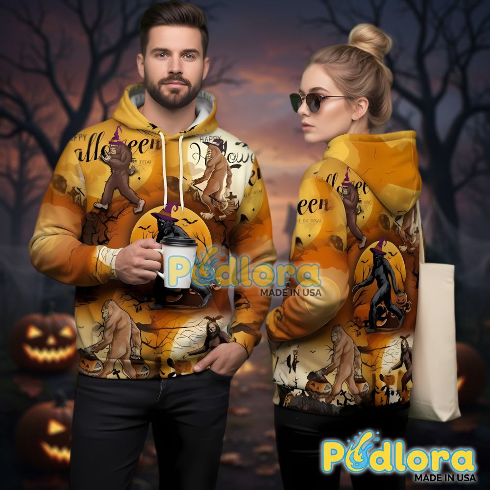 Spooky Jack O Lanterns Witch Bigfoot Couple 3D Hoodie