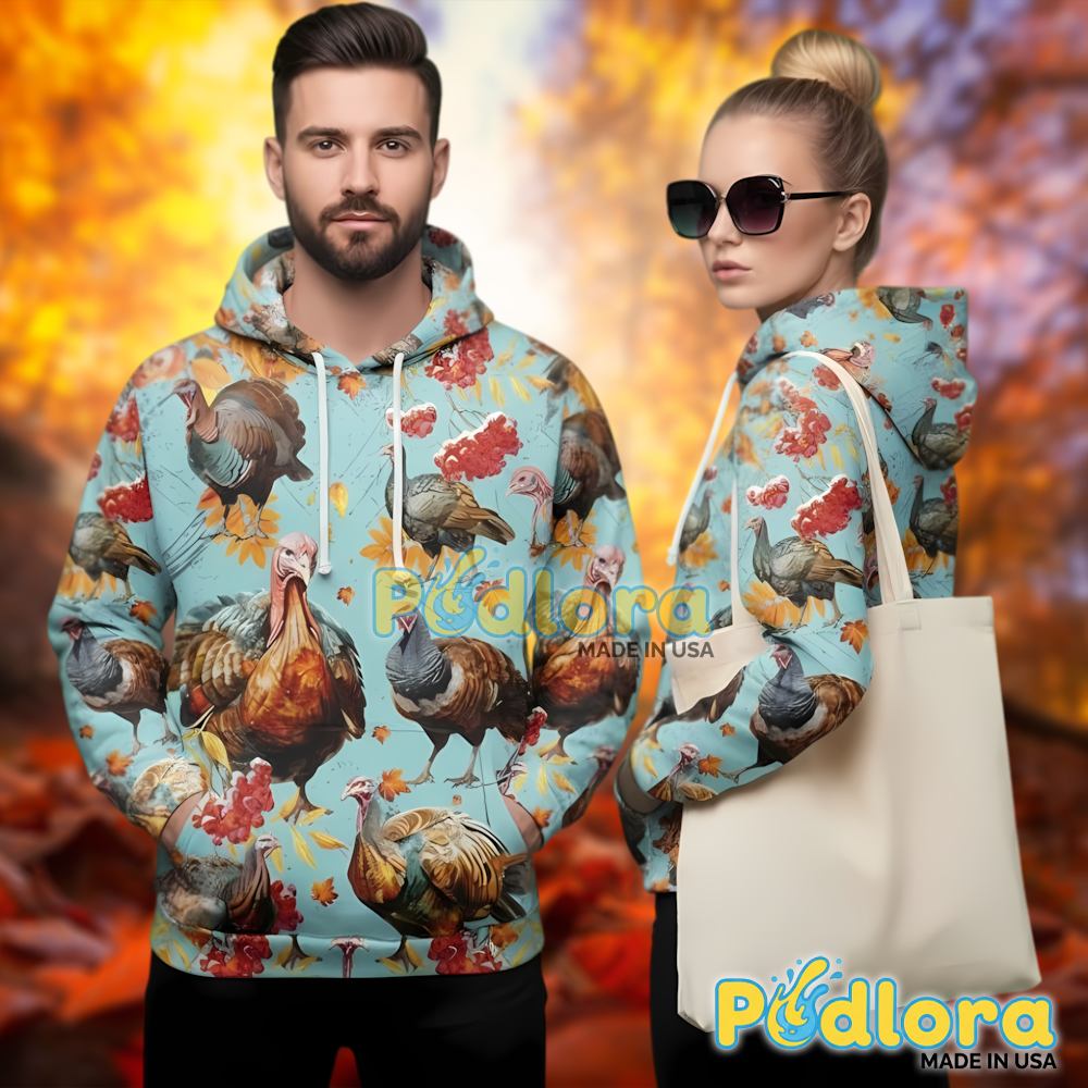Thanksgiving Wild Turkey Pattern 3D Hoodie Fall Foliage Berries