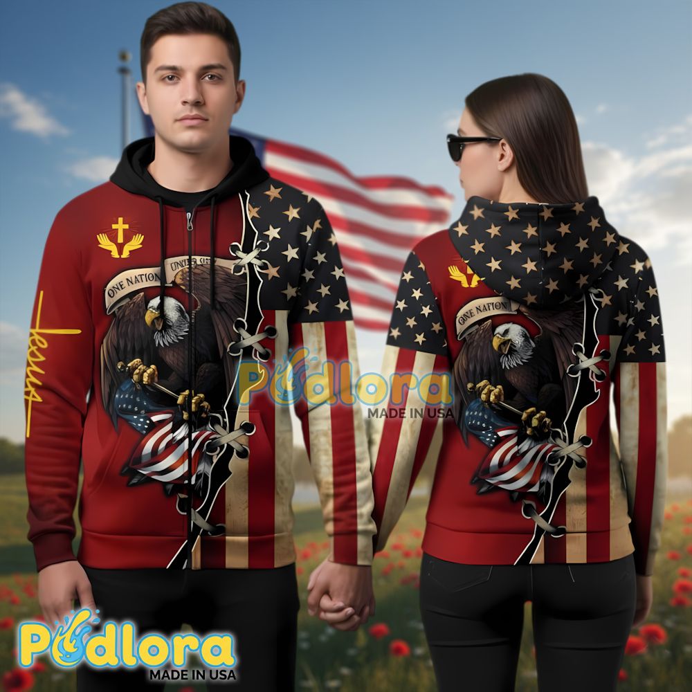 Veteran Jesus Hoodie 3D Full Zip Eagle American Flag One Nation