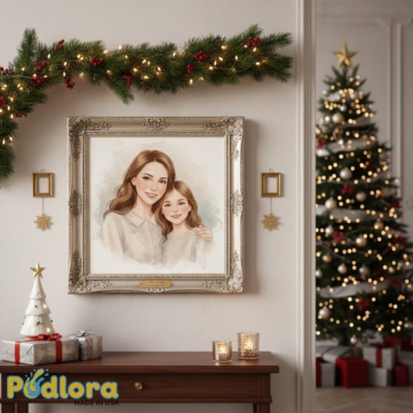 Custom Christmas Portrait Mother Daughter Art