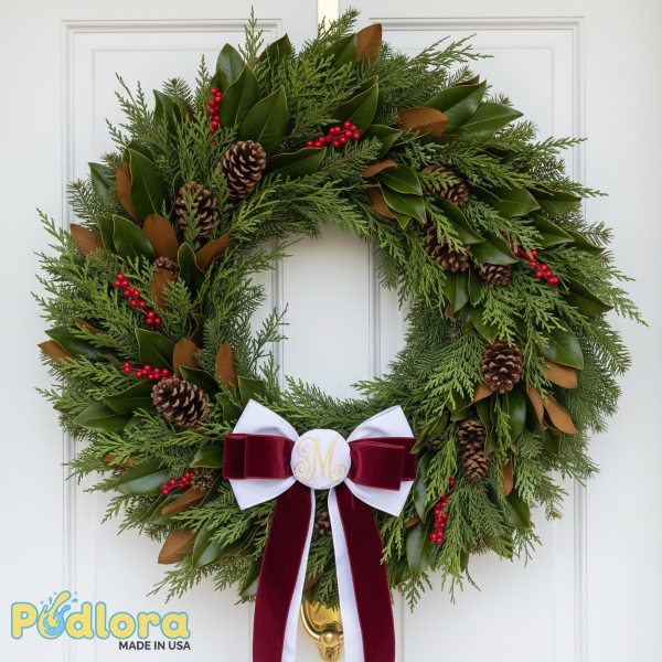 Custom Fresh Evergreen Christmas Wreath Magnolia Leaves