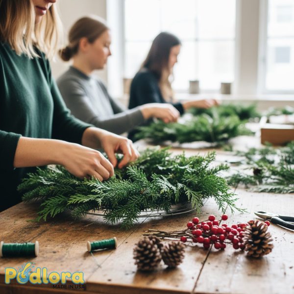 Fresh Evergreen Wreath Making Workshop Hands Crafting Pine