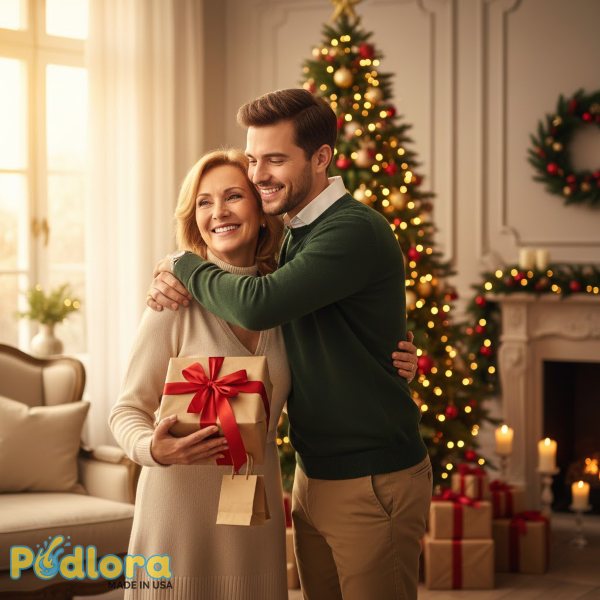 Mother And Adult Son Celebrating Christmas Together Mother And Adult Son Celebrating Christmas Together