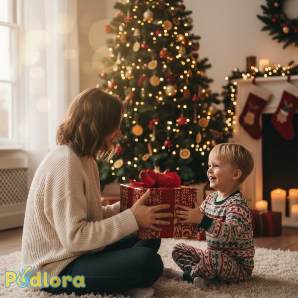 Mother Giving Christmas Gift To Young Son Mother Giving Christmas Gift To Young Son