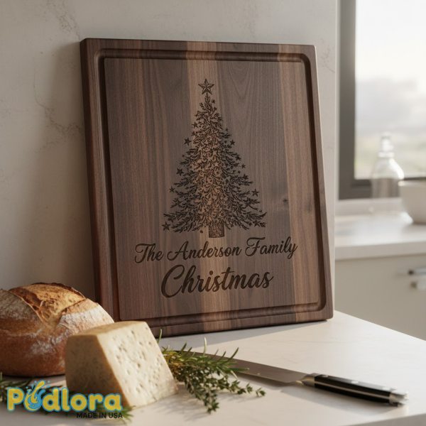 Personalized Walnut Cutting Board Engraved Christmas Tree Family Name