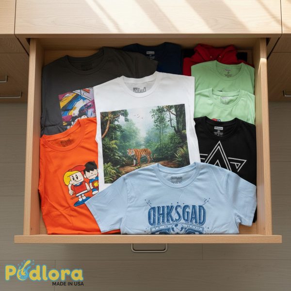 Folded Printed Shirts Stored In Organized Drawer Folded Printed Shirts Stored In Organized Drawer