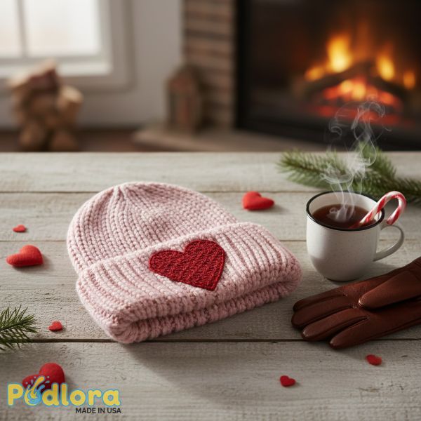 Pink Knit Beanie Heart Patch