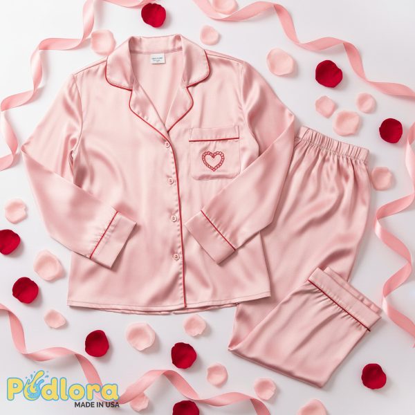 Pink Silk Pajama Set Heart Embroidery Luxury Valentines Pink Silk Pajama Set Heart Embroidery Luxury Valentines