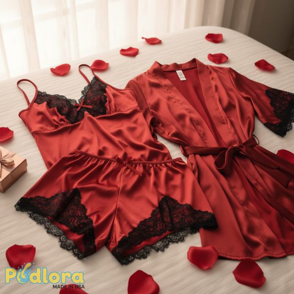 Red Silk Lingerie Set Lace Details