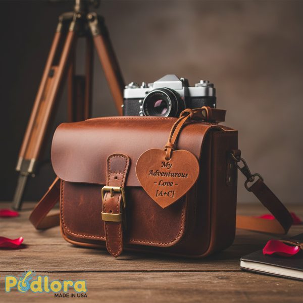 Vintage Leather Camera Bag Personalized Tag